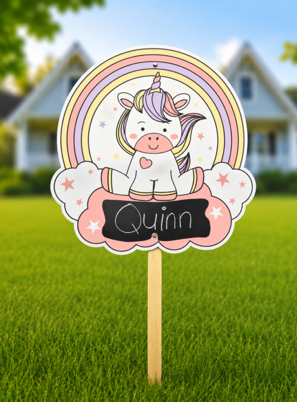 Geboortebord Unicorn roze - naam Schattig Unicorn geboortebord om te huren.